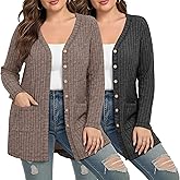Huukeay 2 Pack Women's Plus Size Cardigan Open Front Long Sleeve Button Down Knit Casual Sweater Coat with Pockets