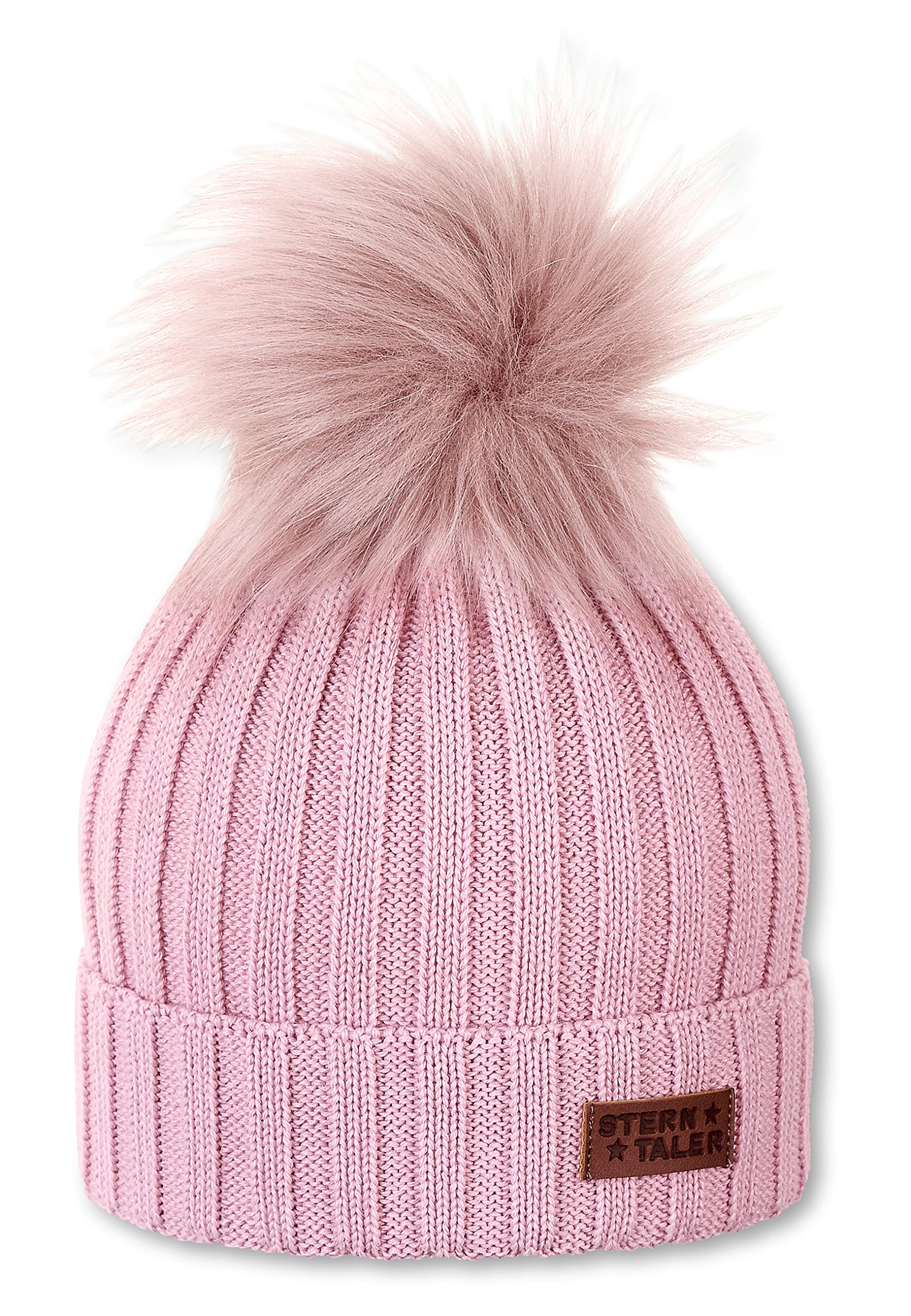 Sterntaler Girls' Knitted Hat with Fur Pompon and Leather Patch, Age: 9-18 Months, Size: 47/49 cm, Pink