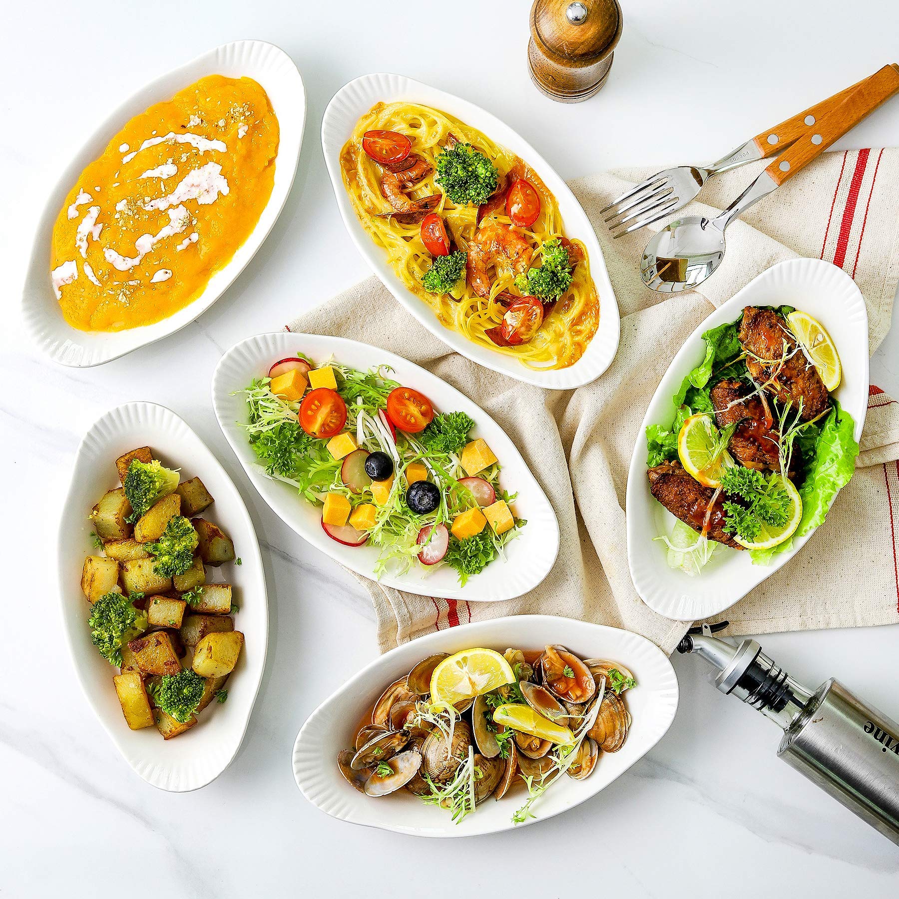 NJCharms Oval Au Gratin Baking Dishes for Oven Safe and Microwave Cooking, White Porcelain Small Mini Casserole Dish, 9 Inch, Set of 6