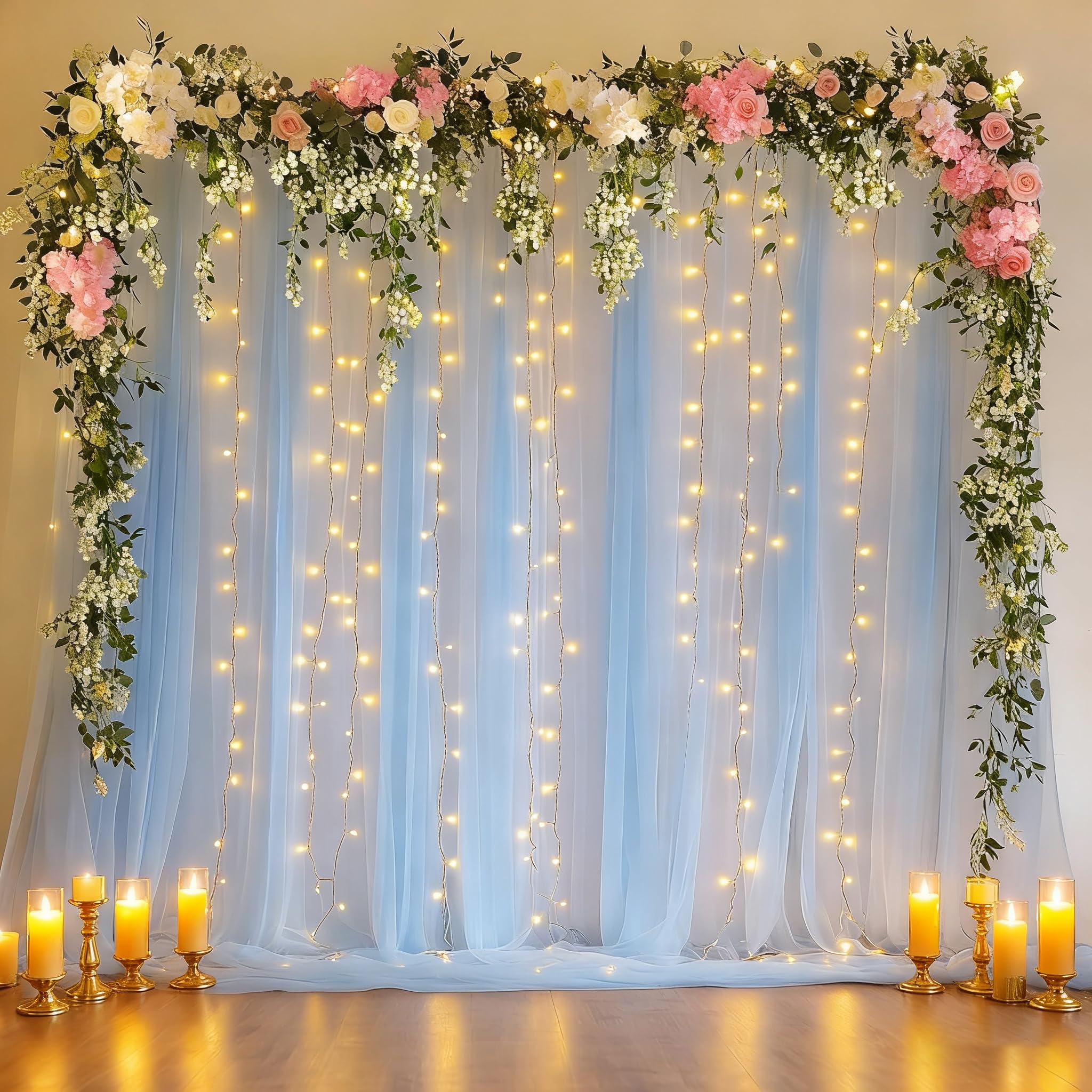 Photo 1 of 10x10ft Baby Blue Tulle Backdrop Curtain with Lights String for Parites, Sheer Photo Backdrop Curtains with Lights for Wedding Backdrop Ceremony Reception Bridal Shower Baby Shower Birthday Party