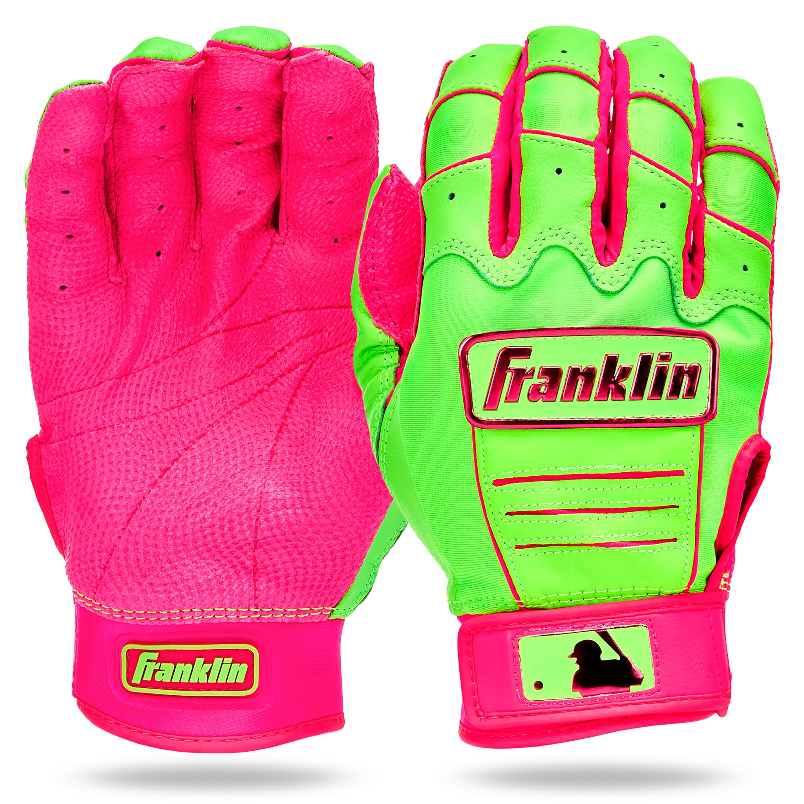 Franklin Sports MLB Baseball Batting Gloves - CFX Pro Adult + Youth - Baseball + Softball Pink/Green Apple, Youth Large Image