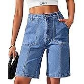 Eddoyee Bermuda Shorts for Women Jean Shorts High Waisted Jorts Baggy Stretchy Denim Long Knee Length Casual Summer