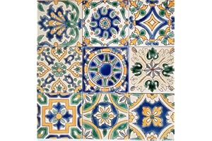 DYARI Set of 9 Decorative Ceramic Tiles Hand Painted Indoor & Outdoor Floor – Spanish Artisan Tile Top Kitchen –Mediterranean Decorative Tiles 10x10cm/One Tile – Durable Colorful Floor Tiles 140g each