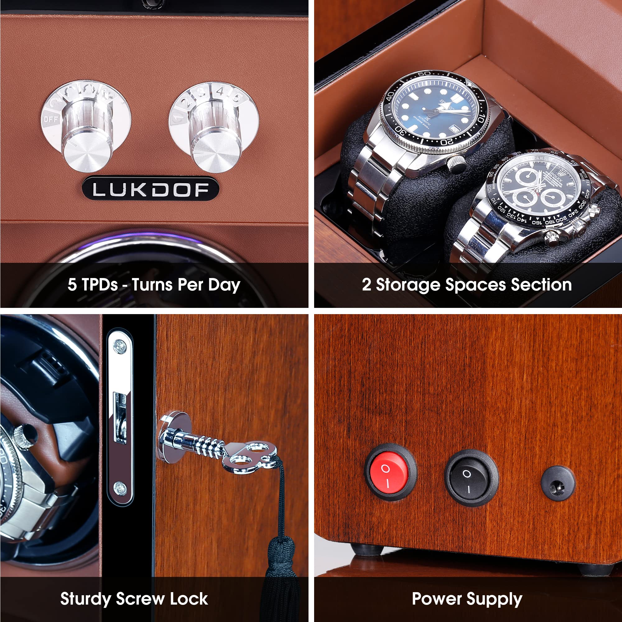 Automatic Watch Winder with Quiet Running Motor Watch Winding Display+ 2 Storage Box, Built-in Illumination, Walnut Watch Winder for Rolex with 3 Adjustable Upgraded Watch Pillows, AC Adapter