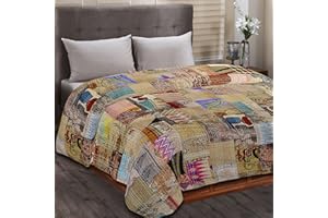 Boho Sanskriti Indian Silk Patchwork Kantha Quilts Queen Twin Size Patola Bedspread Throws Bedding Comforter Hand Quilted Blankets Premium Bohemian Bed Cover for Sale Mix Beige Color Shades Patches