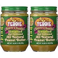 Teddie All Natural Peanut Butter, Super Chunky Unsalted 2pk, Gluten Free & Vegan, 16 Ounce (Super Chunky Unsalted, Pack of 2)