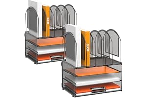 DALTACK 2 Pack Paper Desk Organizer, 3-Tier Letter Tray with 5 Vertical File Holders, Desktop File Folder Organizer, Desk Organizers and Accessories for Home Office, Black