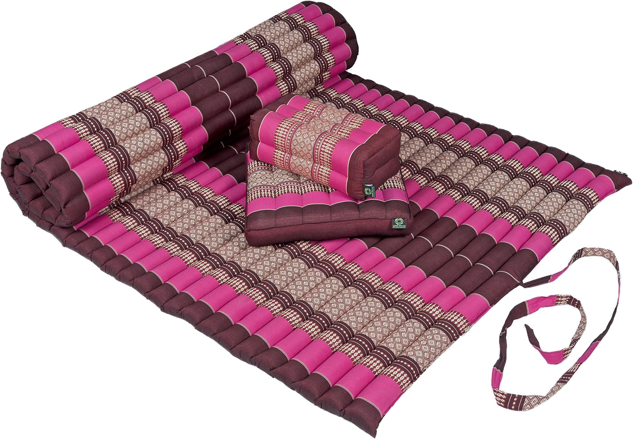 Kapok Dreams Yoga Futon Set: Kapok Mat (39x78x2)+ Block Cushion + seat Cushion. 100% Kapok (Natural & Sustainable Plant Fiber). Burgundy & Pink