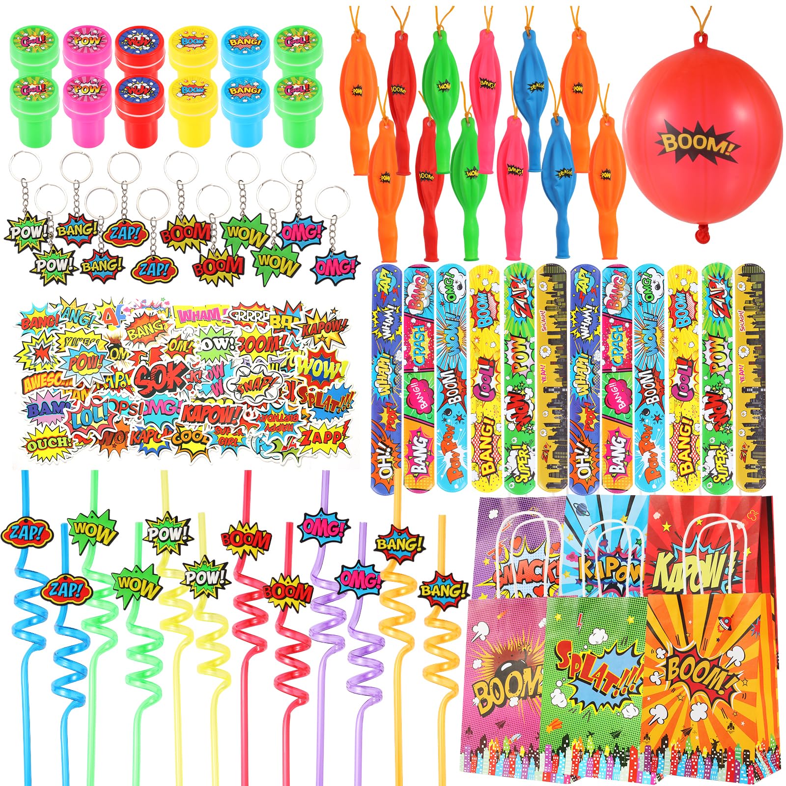 Photo 1 of LiYiQ 122 Pcs Party Favors with Punch Balloons, Reusable Straws, Slap Bracelets, Keychains, Stamps, Stickers and Gift Bags for Kids Birthday Party (Style 1)