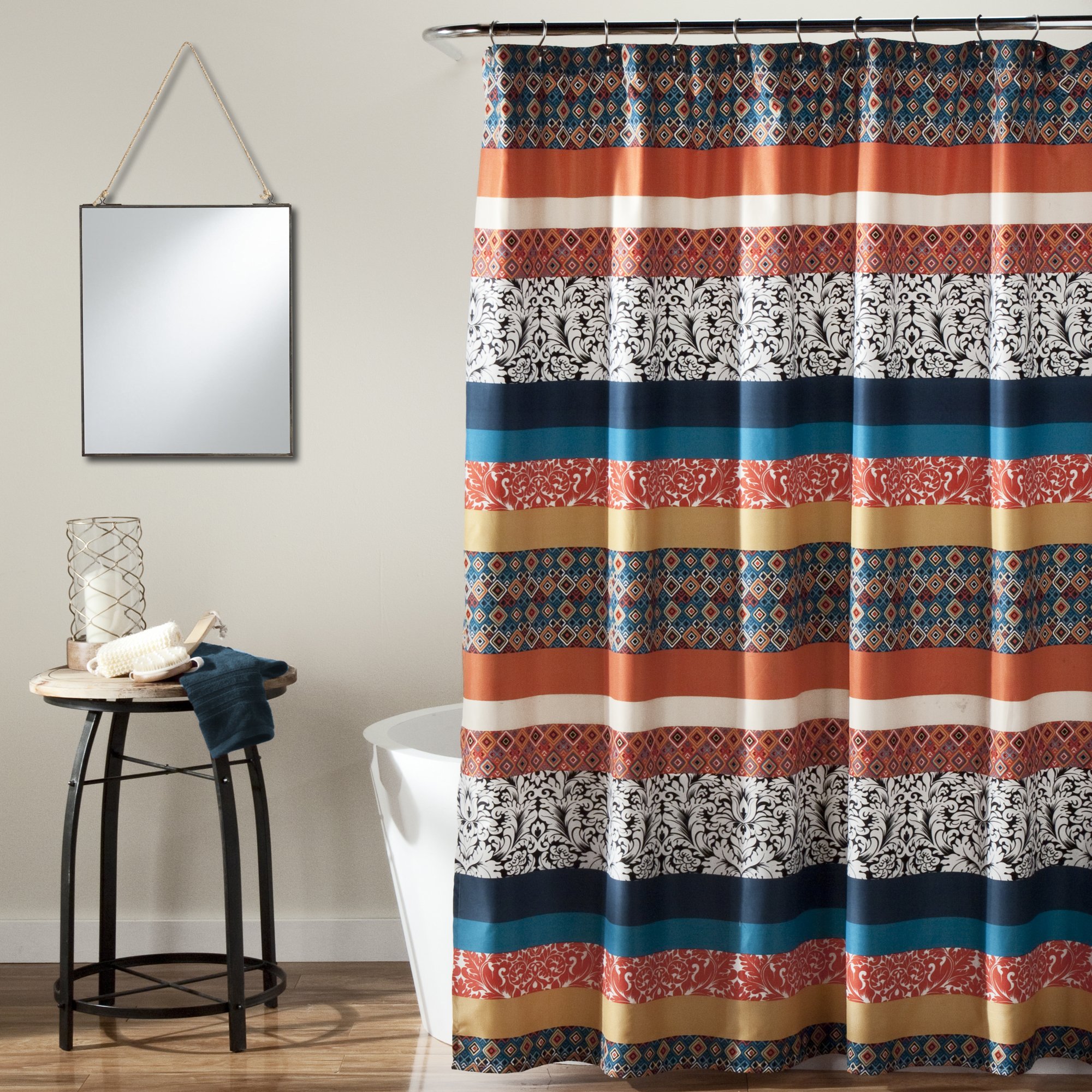 Lush Decor Bohemian 72 ' X 1 Shower Curtain Fabric Bathroom - Colorful Geometric and Floral Design, 72” x 72”, Turquoise and Orange