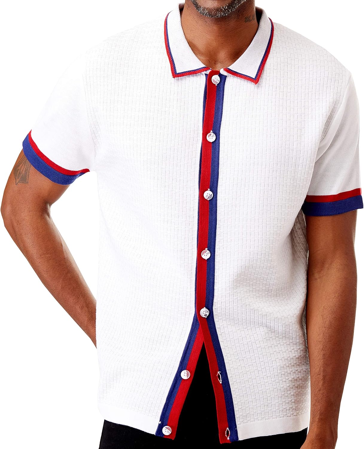 Men’s Short Sleeve Knit Sports Shirt - Modern Polo Vintage Classics: Solid Geometric Jacquard with Color Tipping at  Men’s Clothing store