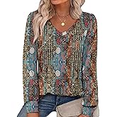 Alaroo Womens Long Sleeve Shirts Pleated V Neck Curved Hem Fall Winter Tunic Tops Blouses Print