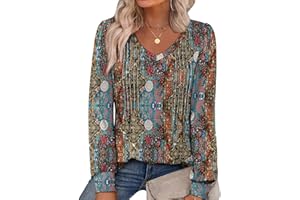 Alaroo Womens Long Sleeve Shirts Pleated V Neck Curved Hem Fall Winter Tunic Tops Blouses Print