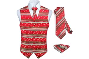 HISDERN Men's Suit Vest Christmas Holiday Season Party Jacquard Waistcoats Necktie Pocket Square Vest Suit Set