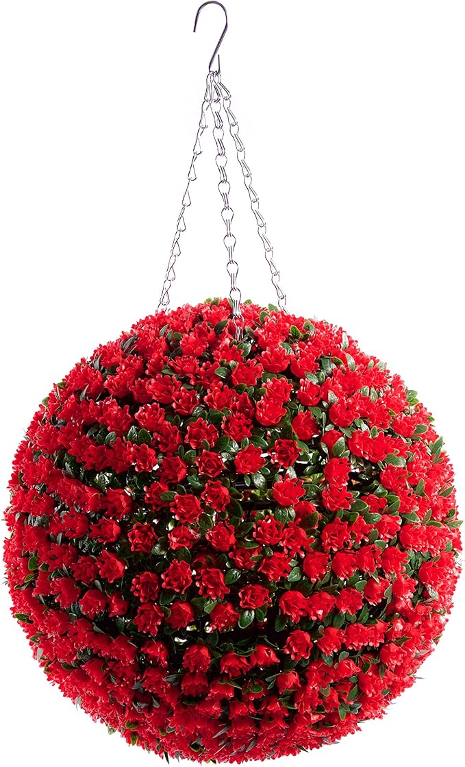Best Artificial 38cm Red Rose Topiary Hanging Flower Ball **UV Fade