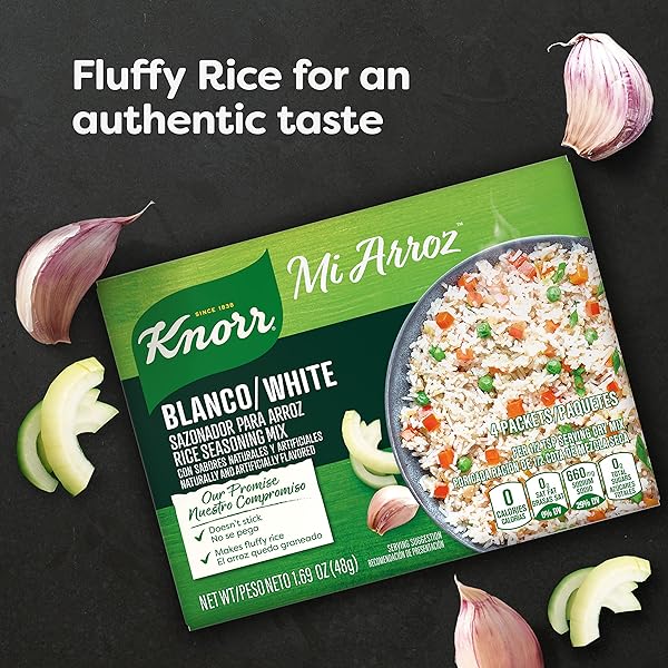 KNORR MI ARROZ RICE SEASONING MIX ADD AUTHENTIC FLAVOR TO ANY DISH WHITE DELICIOUS HOMEMADE FLAVOR IN OUR SEASONINGS 1.69 OZ, 4 COUNT