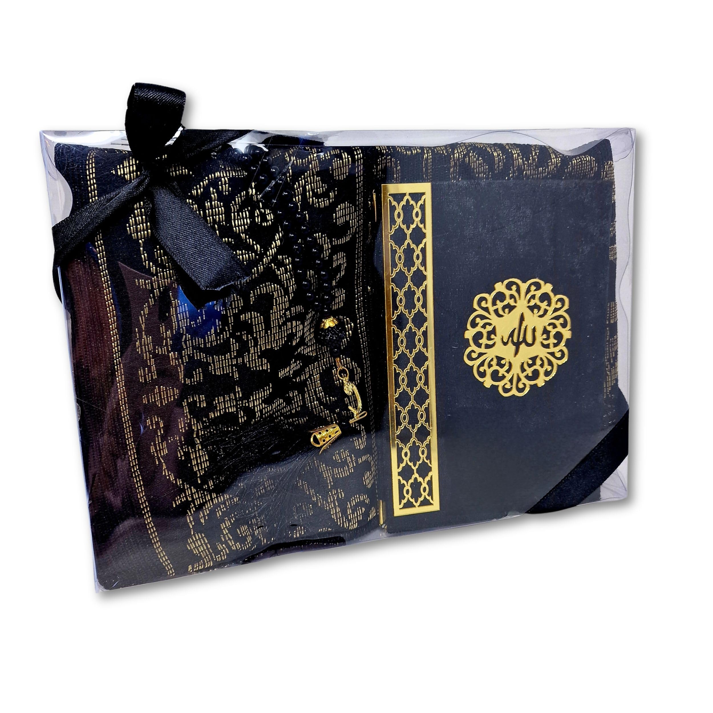 Yaqeen Islamic Gift Set (Surah Quran Booklet, Luxury Prayer Beads Tasbeeh+ Prayer Rug) Namaz Oriental Muslim Carpet Janamaz Sajadah, Ideal/Hajj/Umrah/Ramadan/Wedding/Niqah Gift (Black) — image 1