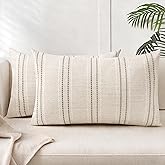 AELS 12x20 Decorative Farmhouse Linen Blend Throw Pillow Covers, Boho Textured Pillow Case, Set of 2, Beige with White & Brown Stitch Yarn Dyed Stripe Cushion Cover for Sofa Living Room (Cover ONLY)