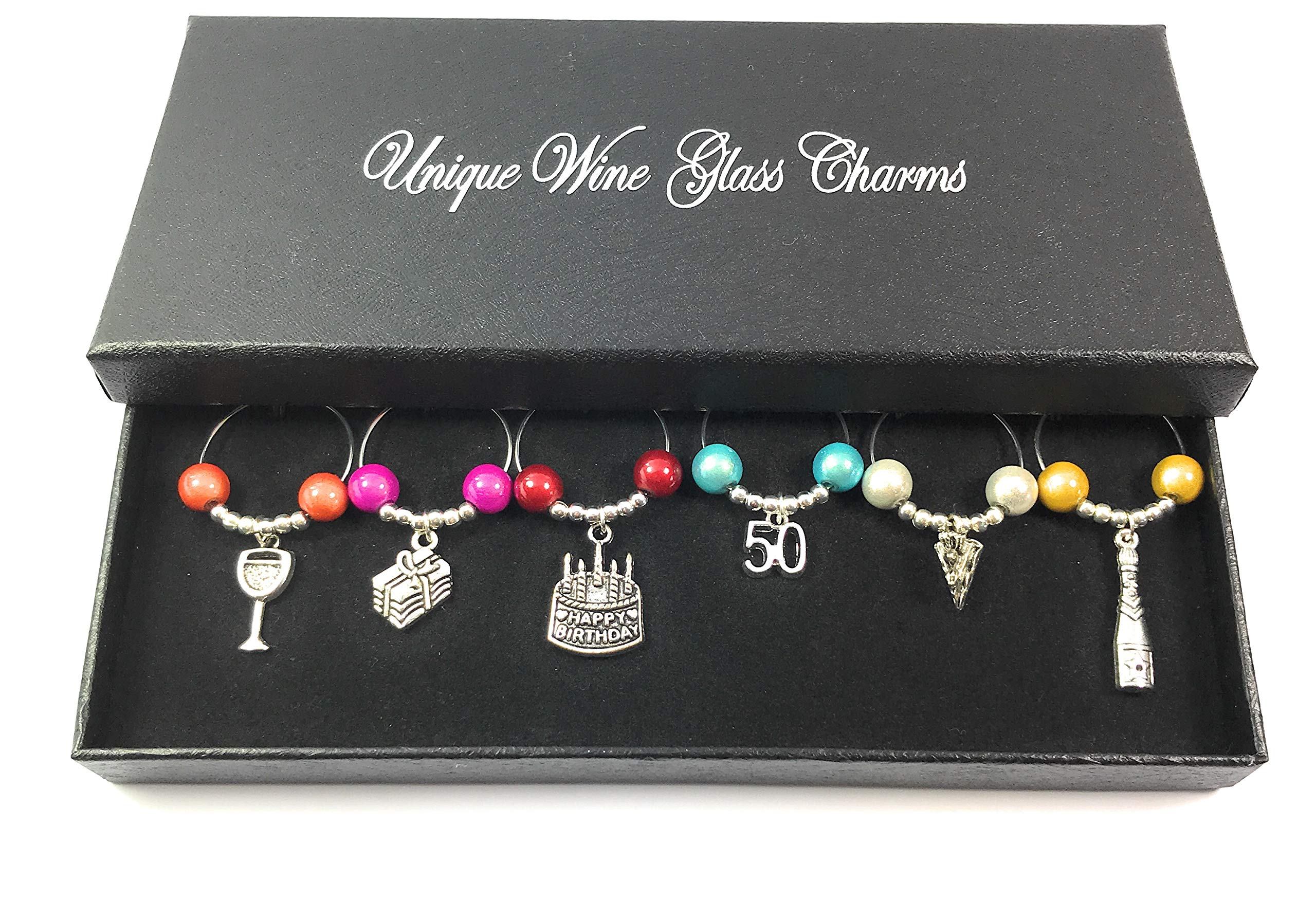 Libby's Market Place 50th Birthday Gift Wine Glass Charms with Gift Box and Birthday Gift Card