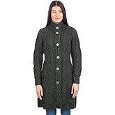 SAOL 100% Merino Wool Irish Cardigan for Women with Celtic Knot Buttons -Aran Long Outdoor Cable Knit Coatigan