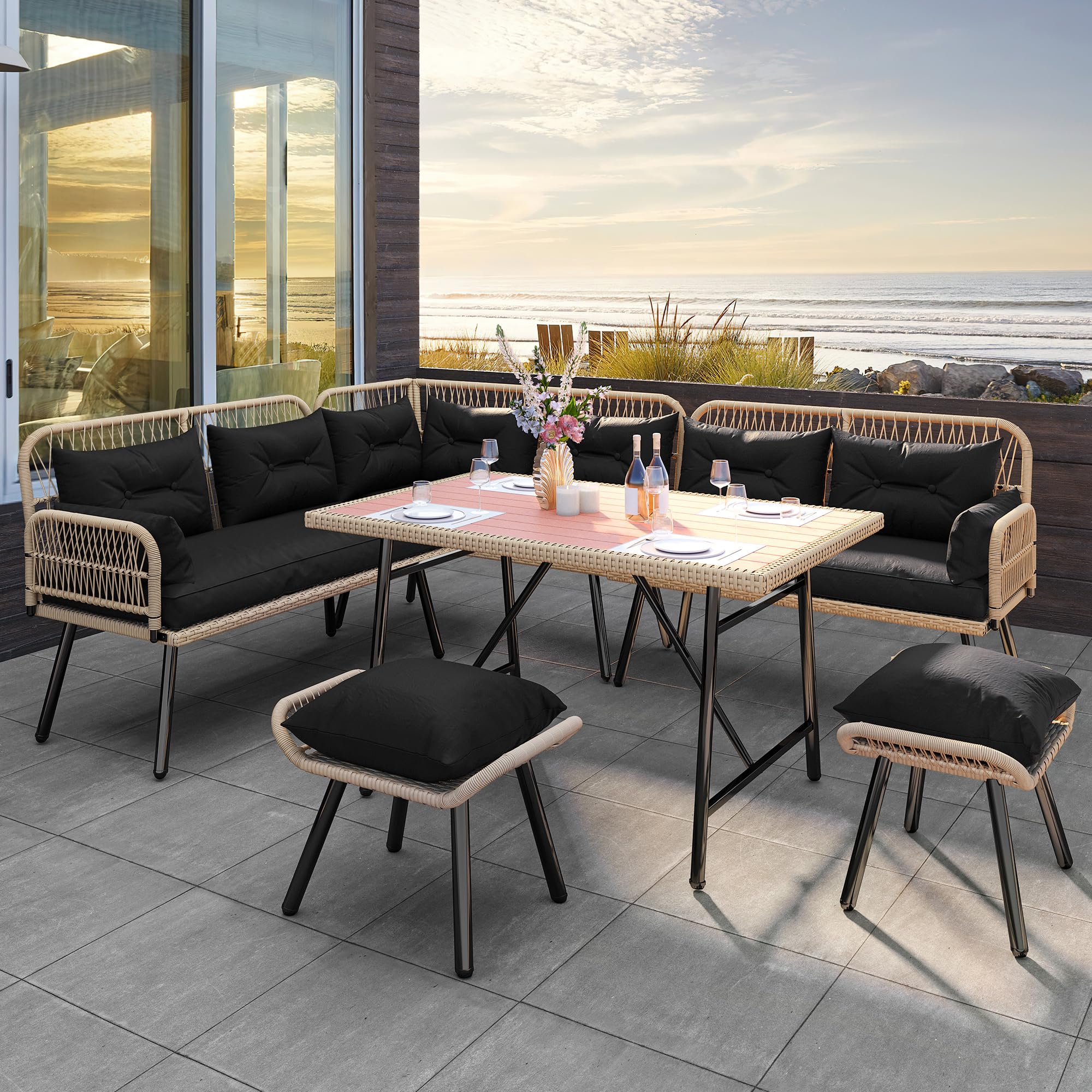 Photo 1 of **PARTS ONLY**
YITAHOME Patio Wicker L-Shaped Furniture Set, All-Weather Rattan Outdoor Conversation Sofa Set for Backyard Deck with Soft Cushions,Ottomans and Plastic Wood Dining Table (Light Brown+Black)