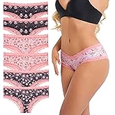 ELFFREYA Women's Bikini Underwear, Lace Trim, Pink and Black,Dark Horror Print, 6-Pack