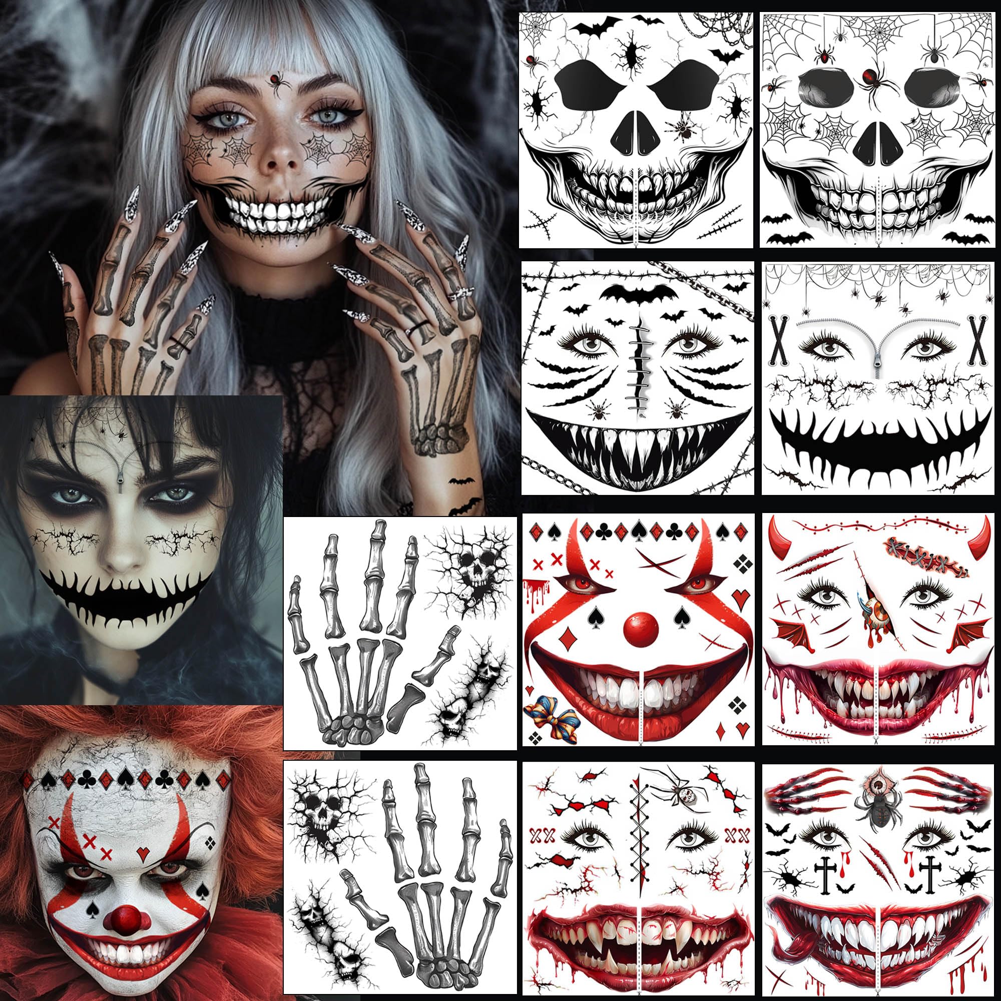 8 Sheets Halloween Tattoos Ghost Skeleton Face Stickers for Women Men - Temporary Tattoos for Halloween Makeup (C-10 PCS)