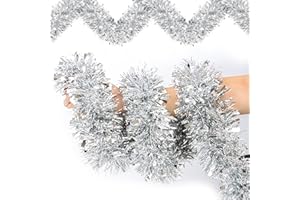 FLYSNK 50 Feet Silver Christmas Tinsel Garland Metallic Twist Shiny Hanging Garland for Christmas Tree Decorations Xmas Holiday Garland for Home Indoor Outdoor Party Supplies Decor (Silver)