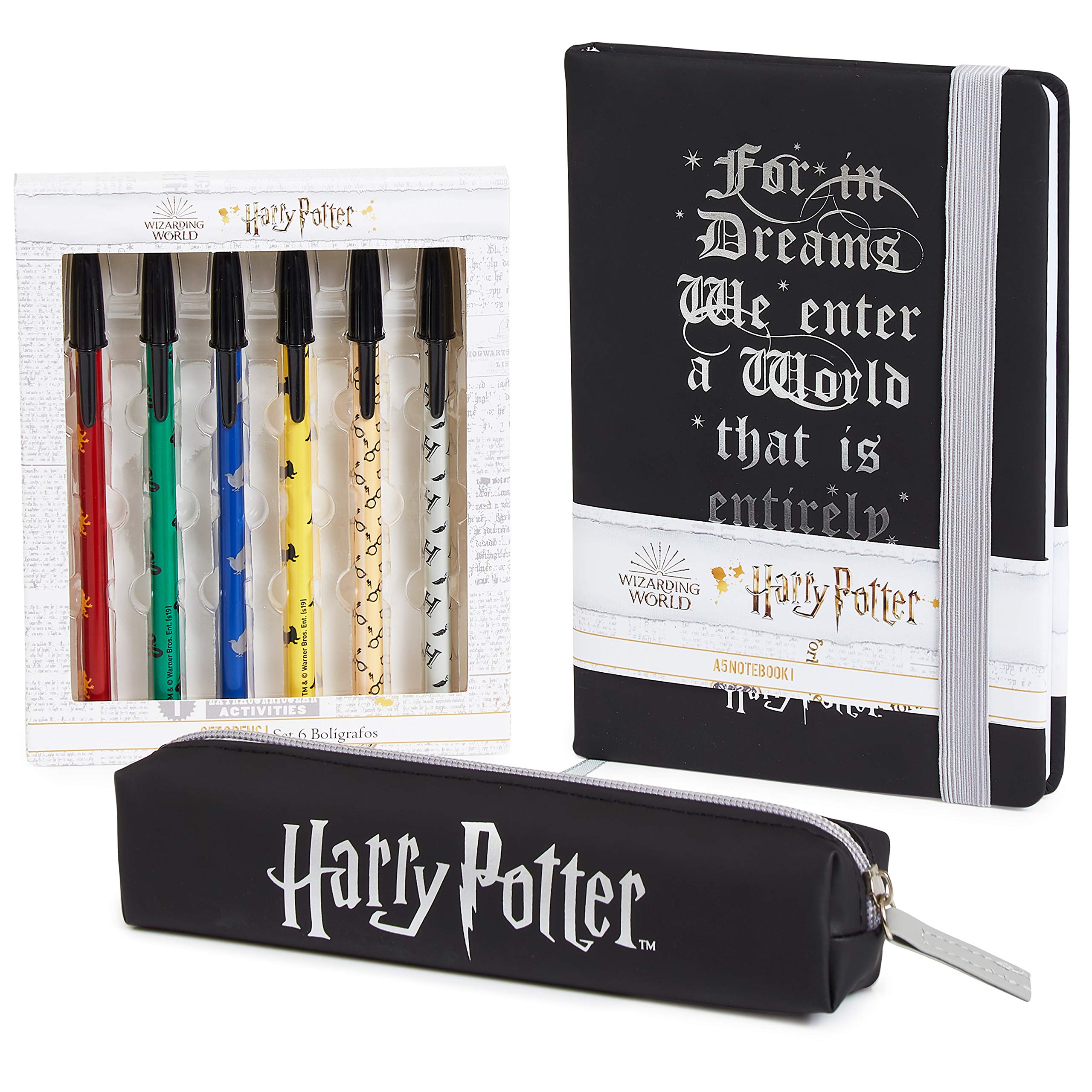 Harry Potter A5 Notebook and Pencil Case for Girls and Boys Stationery Set with Pens, School Supplies for Kids and Teens, (Black)