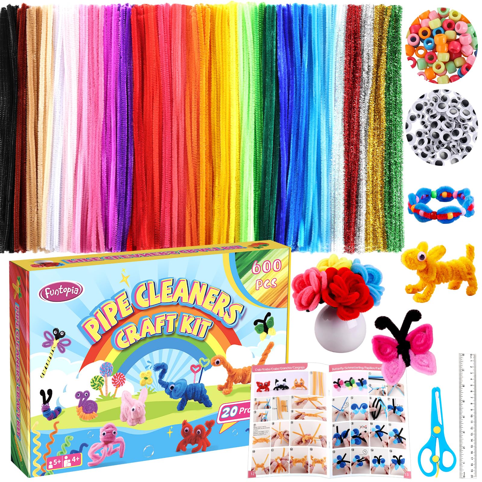 Funtopia 800PCS Pipe Cleaners for Craft, 30 Colors Pipe Cleaners Bulk with 20 Designs Instruction Book, Arts and Crafts for Kids 4-12 Colorful Chenille Stems Supplies for Animal Flower DIY Projects