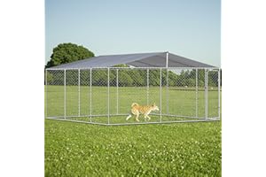 GLANZEND Extra Large Outdoor Dog Kennel with Roof, Oversized Heavy Duty Outside Dog House Cage w/Lock, Galvanized Steel Dog Enclosure Chain Link Playpen for Backyard, 181x181x71.65 Inch