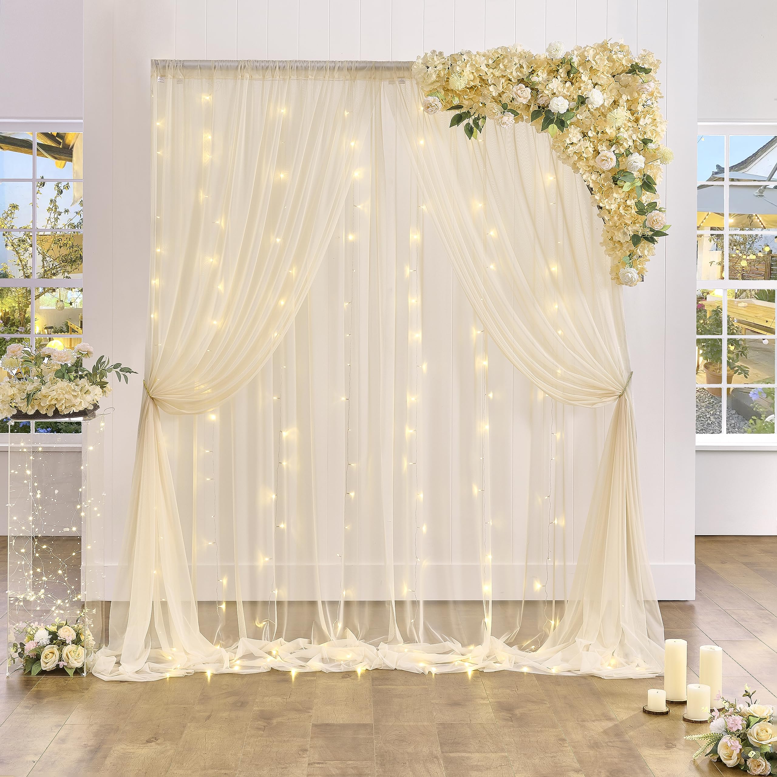 Photo 1 of Champagne Backdrop Curtain with Lights String for Parites Wedding 20×8ft Sheer Tulle Backdrop Curtains for Bridal Shower Baby Shower Birthday Party Photo Shoot Background Decorations(4 Panels 5ft×8ft)