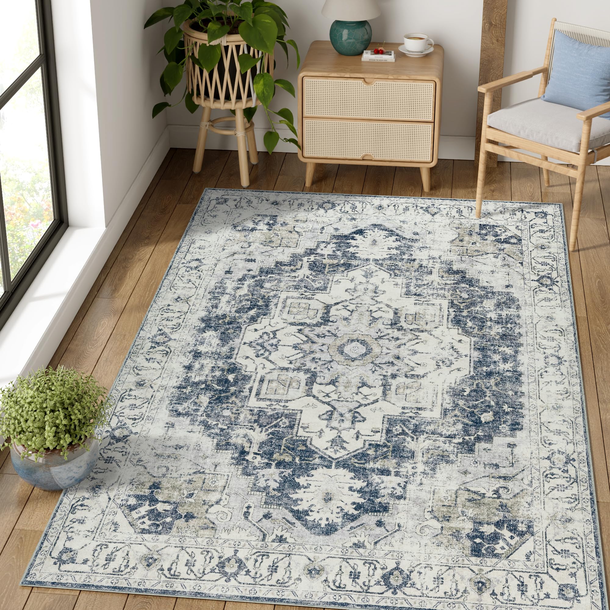 Photo 1 of jinchan Area Rug 5x7 Washable Bedroom Rug Vintage Soft Indoor Floor Cover Retro Distressed Mat Accent Lightweight Non-Slip Thin Carpet for Kitchen Bathroom Living Room Grey