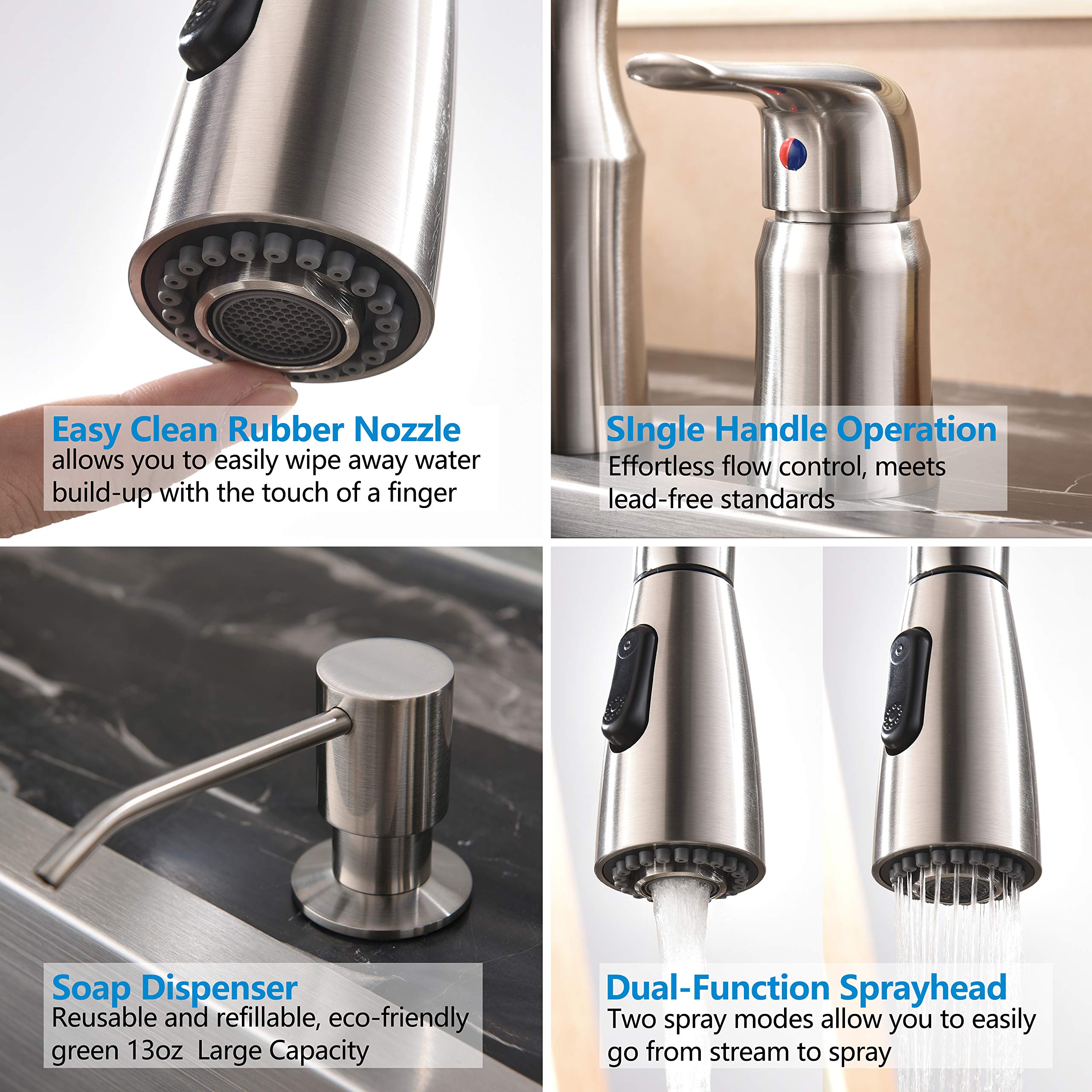 Hotis 3 Hole Kitchen Sink Faucet with Pull Down Sprayer Soap Dispenser Stainless Steel Single Handle Kitchen Faucet, Brushed Nickel