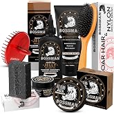 Bossman Big Boss Beard Care Kit for Men, 7-Piece, Gift for Men, Stagecoach | 7-Piece Beard Grooming Kit w/Jelly Beard Oil, Conditioner, Relaxing Balm, MUDstache Wax, Bar Soap, Shower Brush, Oval Brush