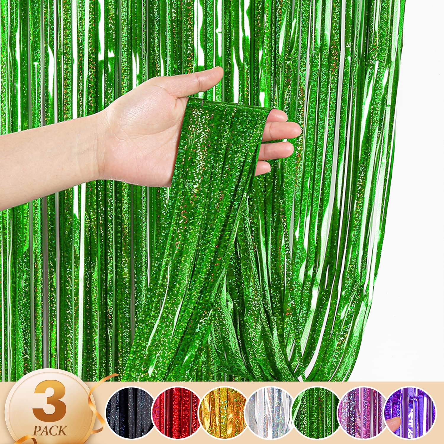 WenYa 3 Pack Green Foil Fringe Curtains Party Decorations, 3.3ft x 6.6ft Glitter Fringe Rain Curtain, Photo Booth Backdrop Tinsel Curtain Streamer for Wedding Christmas New Year Celebration Party