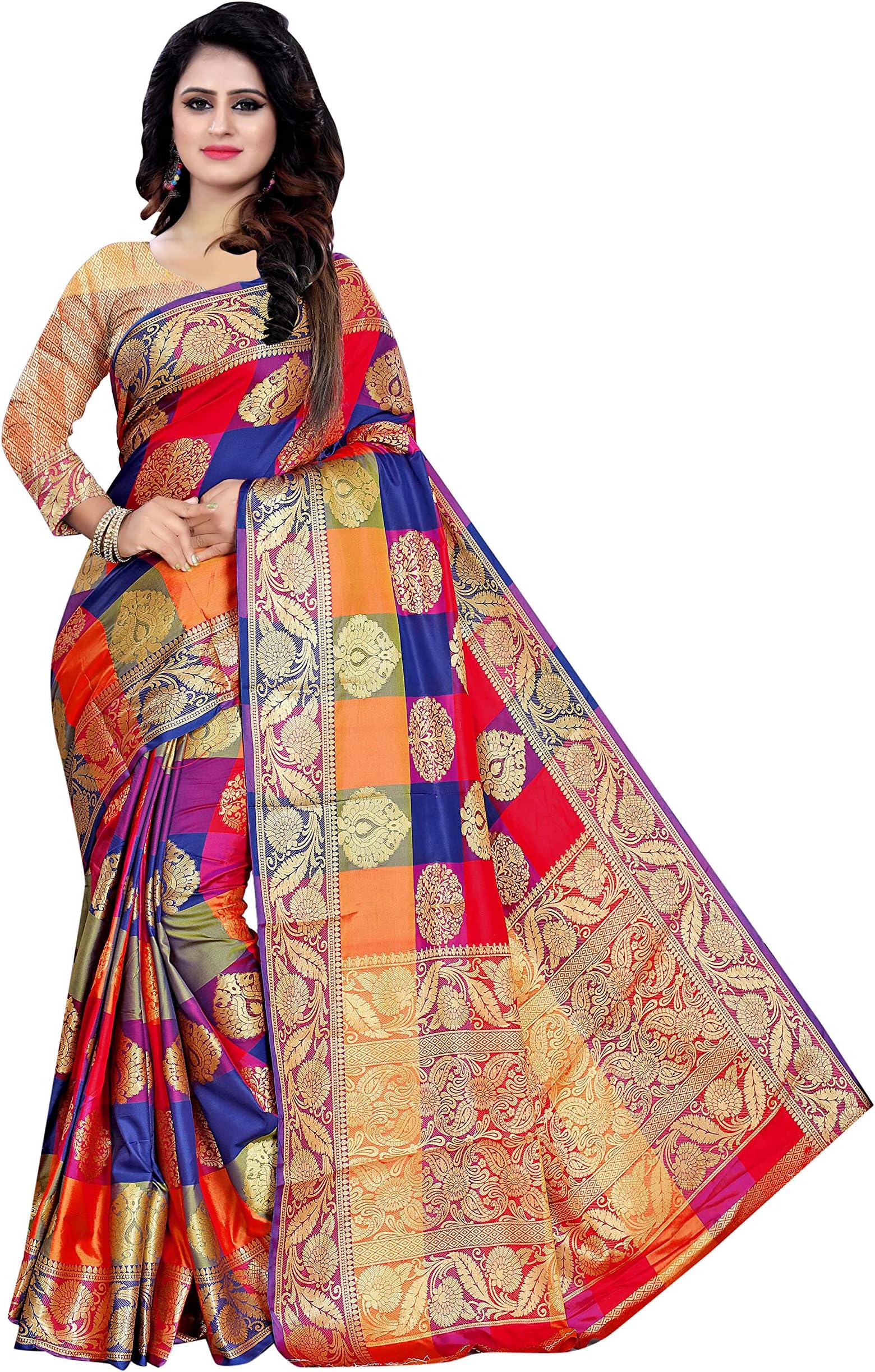 RIVANA Women's Woven Banarasi Silk Patola Style Silk Sarees with Blouse Piece (Multicolour)