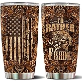 WONWIX Fishing Tumbler for Men Wood Drawing 20oz Insulated Stainless Steel Cup with Lid Coffee Travel Mug Gift for Dad Fisherman Rather Be Fishing Lover