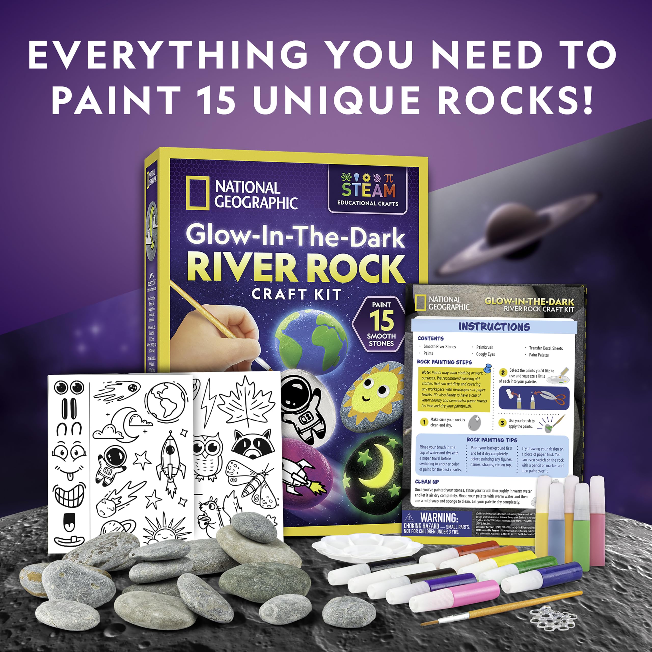 NATIONAL GEOGRAPHIC Glow in the Dark Rock Painting Kit - Arts & Crafts Kit for Kids, Decorate 15 River Rocks with 15 Paint Colors & More Art Supplies, Kids Craft, Art Kit, Kid Activity Kit