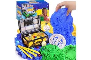 Carolart Pirate Stretchy Cloud Sand,Blue & Green & Yellow Play Sand,Treasure Chest with Sensory Sand,Stretchable,Moldable,Expandable Cloud Slime,Tactile Fun Sensory Kit, Sensory Toys for Kids Ages 3+