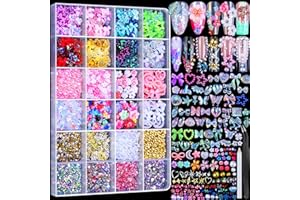FANDAMEI FAMDAMEI 24 Grid Nail Charms, Nail Art Kit with Multi Shapes Nail Charms and Gems, Flatback AB Nail Rhinestones Gold Nail Pearls, Charms Y2K for Nails, 3D Hawaii Flowers Nail Jewels for Nail Design