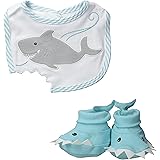 Baby Aspen Bib and Booties Gift Set , Chomp and Stomp Shark , 0-9 Month