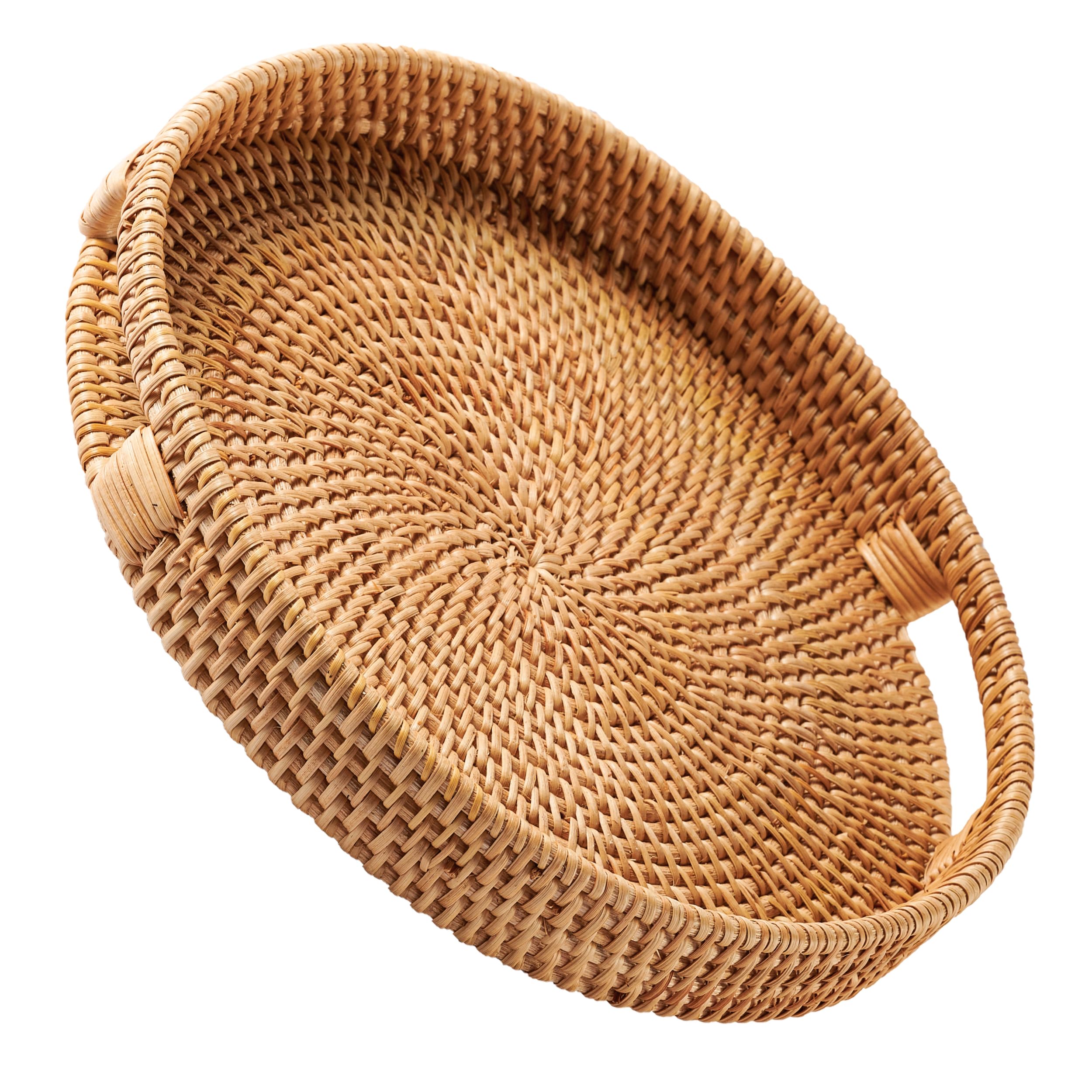 Rattan Serving Tray 34cm / 13.8" • Woven Serving Trays with Handles for Home by JUNGLE CULTURE® • Round Coffee Table Tray • Wicker Serving Basket for Bread, Fruit, Candles • Natural Honey