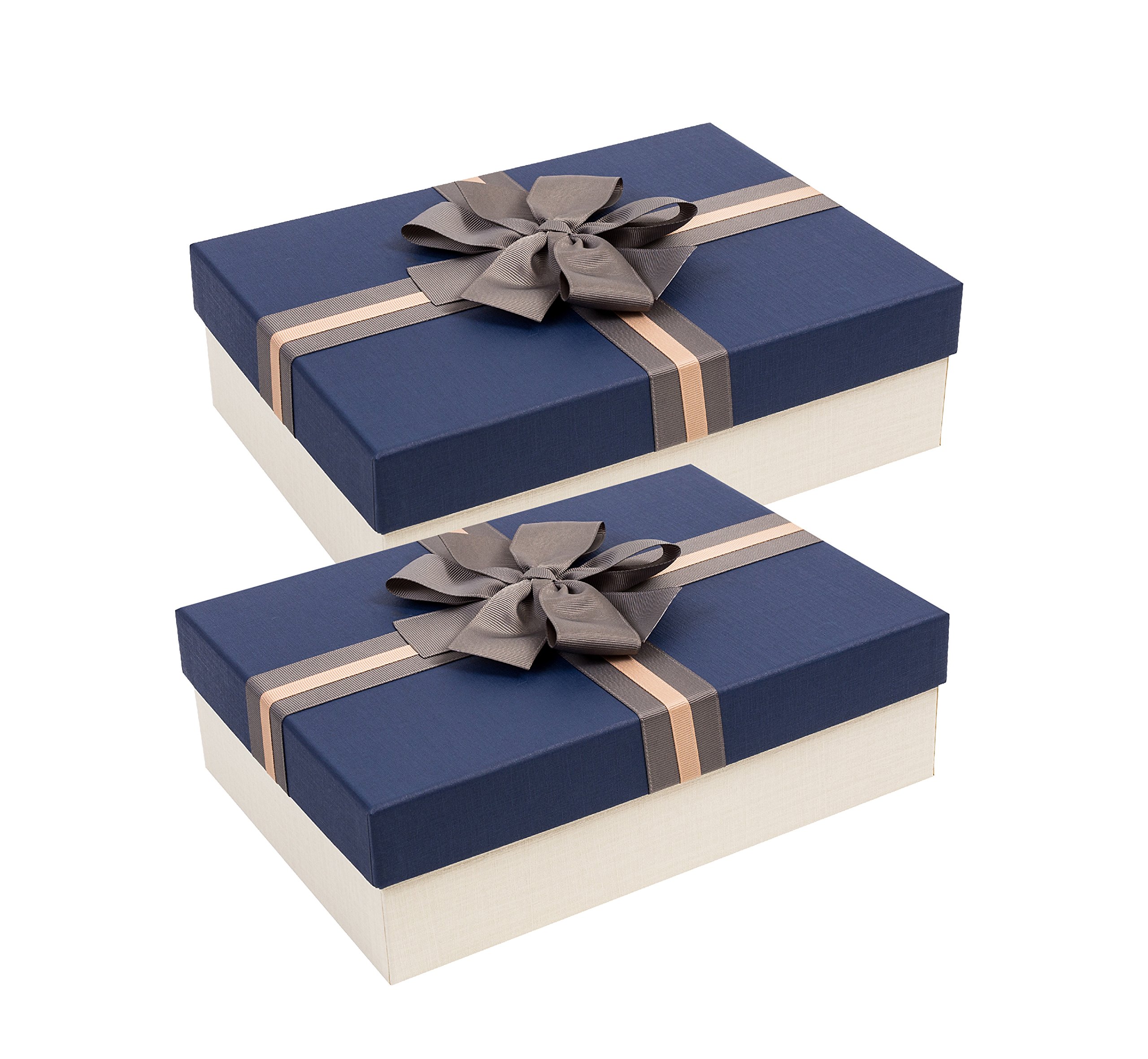 Emartbuy Set of 2 Rigid Luxury Rectangle Presentation Gift Box, 24.5 cm * 17 cm * 6.5 cm, Cream Box with Blue Lid, Chocolate Brown Interior and Brown Striped Bow Ribbon