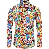 70s Outfits for Men Long Sleeve Casual Button Down 70s Disco Retro Paisley Shirt 70s Floral Vintage Hip Hop Shirts