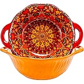 Boho Ceramic Serving Bowls with Handles Set of 2, Ceramic Large Serving Bowls, 40 Oz Porcelain Salad Bowls, Large Serving Dishes for Entertaining, Nesting Mixing Bowls for Soup,Stew,Fruits,Dinner