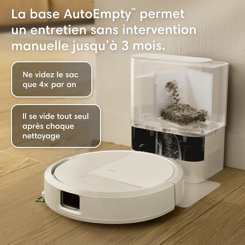 Roomba 115 Combo+Base AutoEmpty - Robot Aspirateur Laveur 2en1 - Puissance d'Aspiration 15KPa - Brosse latérale étendue - Lingette de Lavage déportée - Navigation LiDAR - Blanc