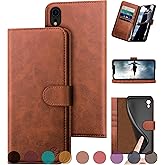 DuckSky for iPhone XR Genuine Leather Wallet case 【RFID Blocking】【4 Credit Card Holder】【Real Leather】 Flip Folio Book Phone case Protective Cover Women Men for Apple XR case Light Brown