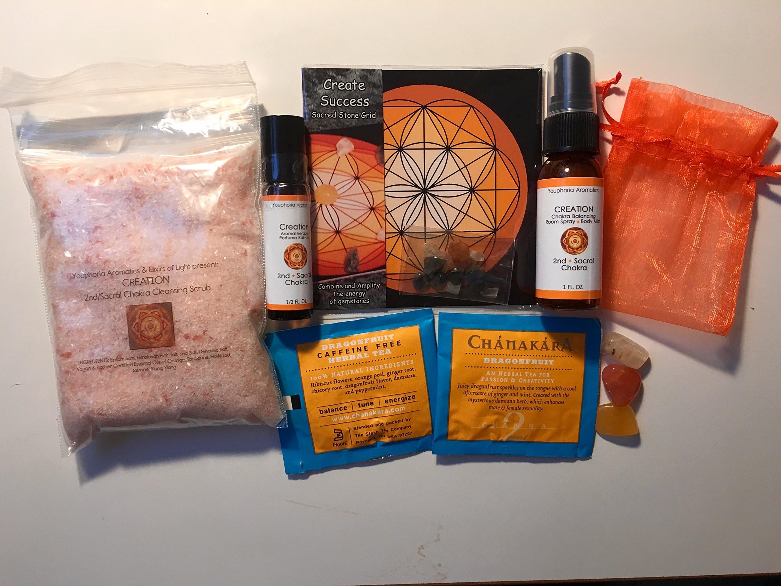 CREATION, 2nd/Sacral Chakra Healing Kit with Chakra Balancing Aromatherapy Products, Sacred Stone Grid, and Crystals by Youphoria Aromatics