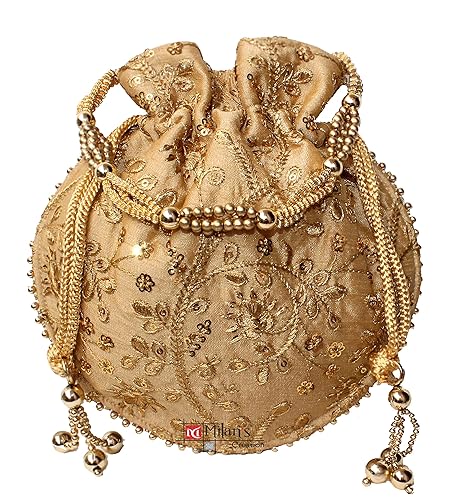 Women's Embroidered Satin Silk Potli Bag Pearl Handle with Drawstring Closure and Tassels (Golden)
